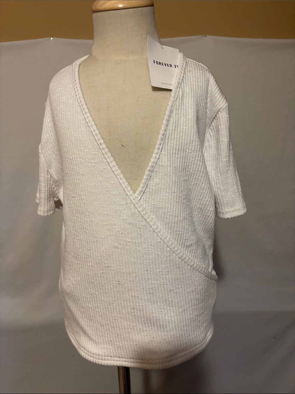 Forever 21 White Ribbed Wrap-Front Short Sleeve Top